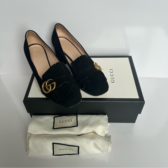 Gucci Marmont Black Fringed Suede Loafers 37.5 - Picture 1 of 12